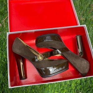 Coach Brown suede/patten/gold leather heels- Excellent condition